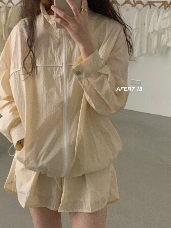 [after 18] stand up collar zipper sunscreen shirt + elastic waist casual Shorts Set 619\zjy