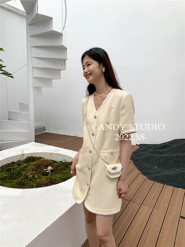 [candy] short sleeve breasted color matching dress (with bag) ys2-7193\zjy