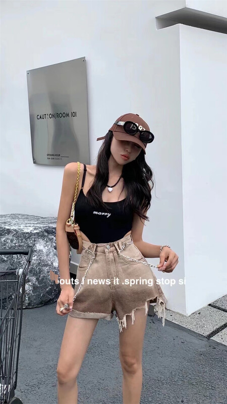 [Muxi] trend fashion gradient Vintage raw edge denim shorts (with belt) 6007\wpl