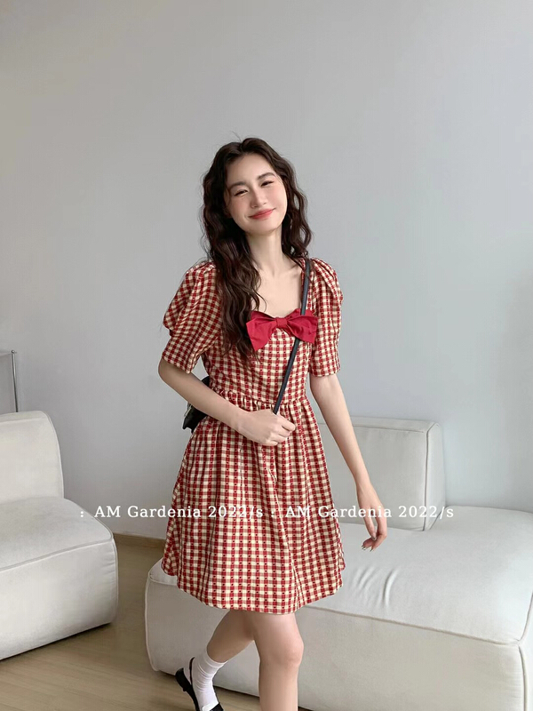 [am Gardenia] retro square neck bubble sleeve bow waist dress 3659-1\zxx