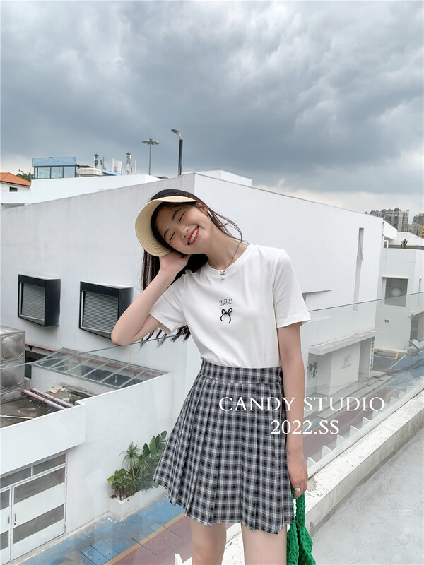 [candy] fashion simple letter bow short sleeve T-shirt b3309\zjy