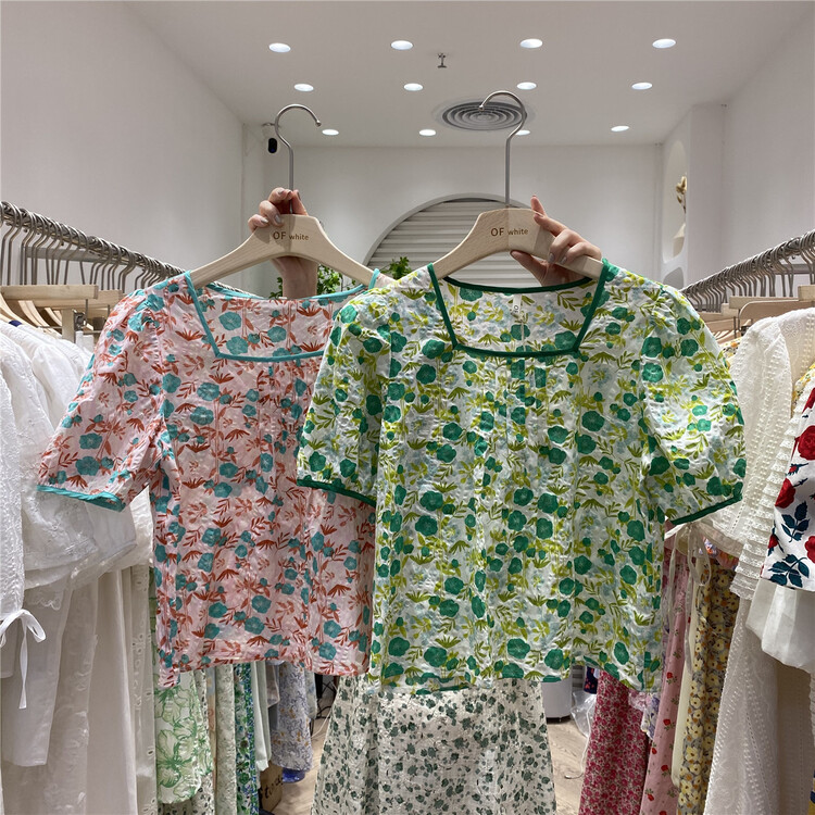 [of white] Korean version small fresh square collar floral shirt 881339\hjy