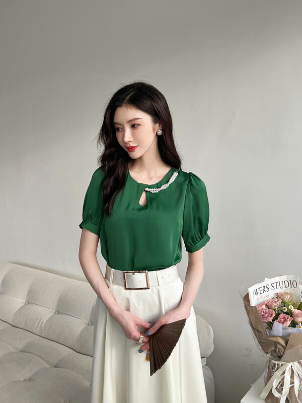 [Hanna Hanna] round neck pearl chiffon shirt (with chain) m10116\jhy