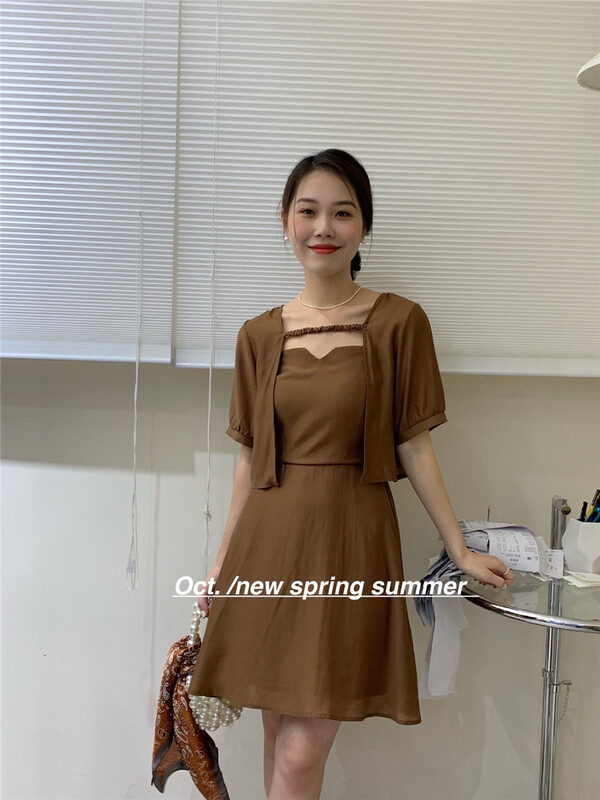 [OCT] temperament little woman short sleeve shirt + high waist suspender dress set 1633\hjy