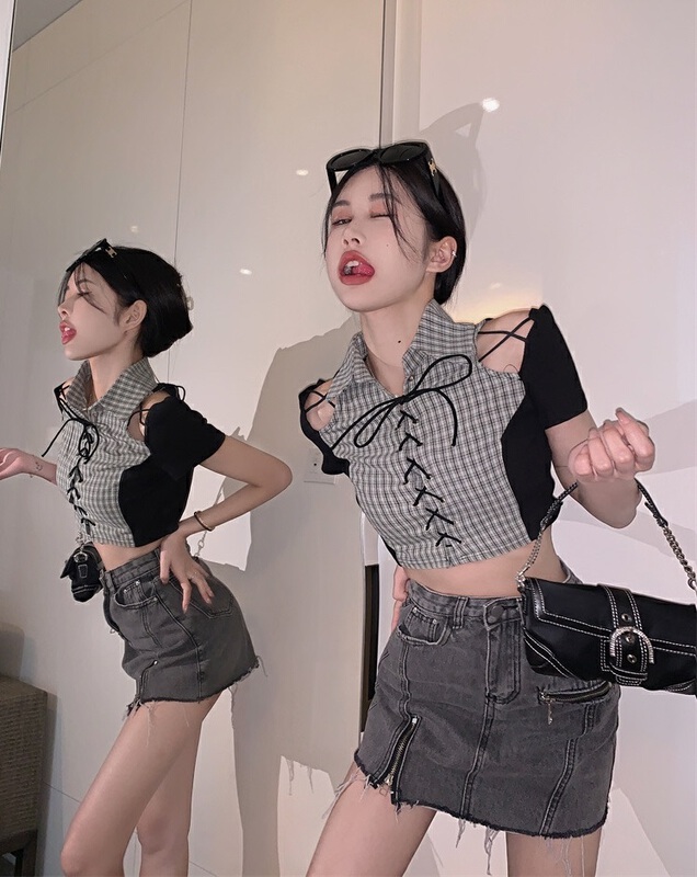 [Fanfan] Hong Kong Style Spice Girl tie rope off shoulder color block check shirt 5922\jj
