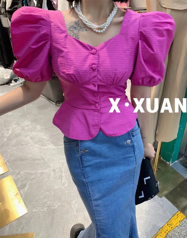 [x.xan] bubble sleeve square neck Korean shirt (excluding necklace) 23555\pcz