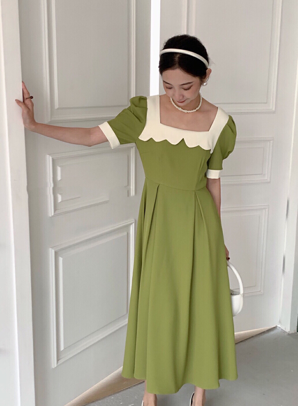 [Xiangli] Korean version square neck contrast dress 8562\pcz