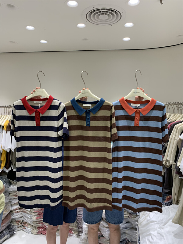 [benwo] Korean color contrast stripe simple casual dress 06119\cls