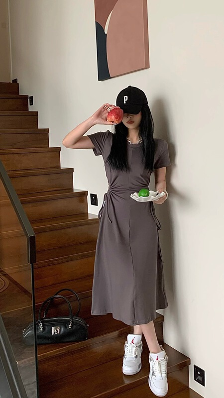 [ID] simple casual drawstring waist closing short sleeve dress 9512\lsl