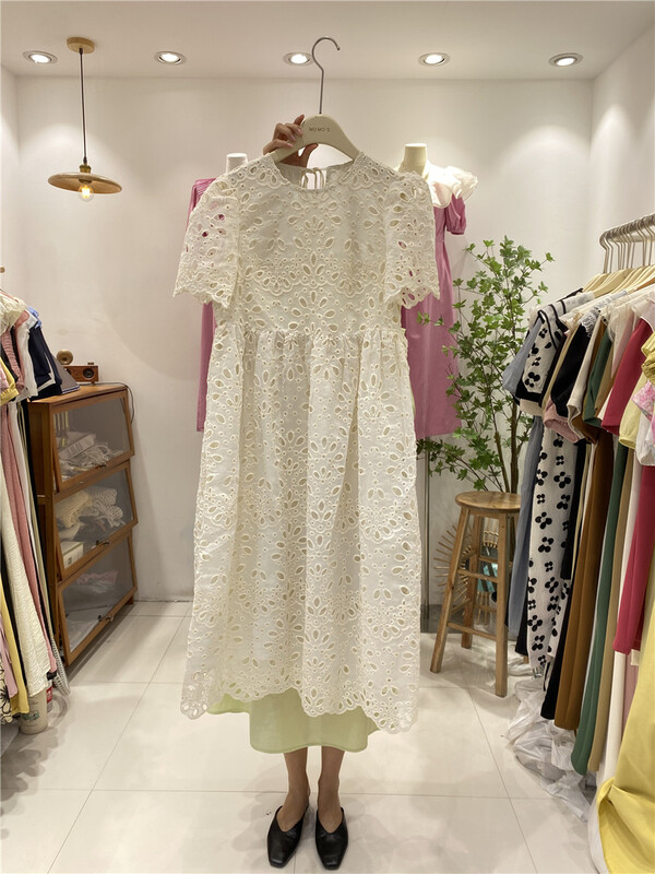 [sunny] Korean Ladies hollow out loose round neck dress 1968\hjy