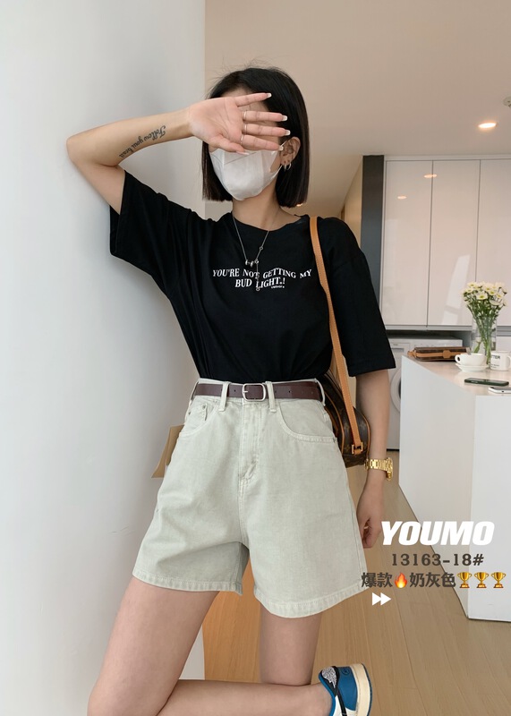 [suxinlan /youmo] Korean casual slim and versatile denim shorts (with belt) 13163-18\cqw