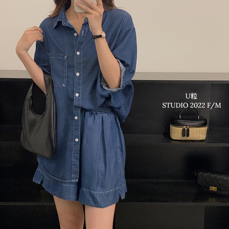 [u] washed denim short sleeve shirt + casual denim shorts set 6127\hbx