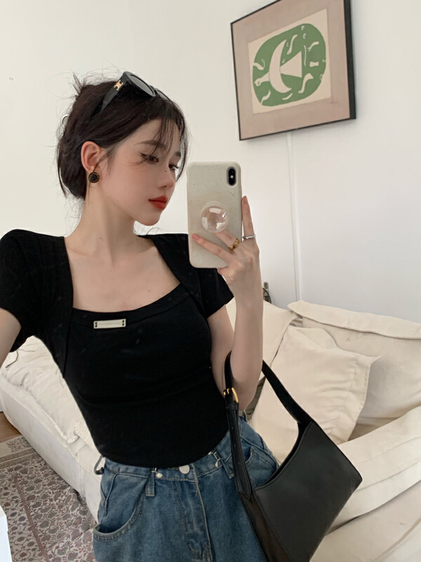 [fan fan] fashion French retro collar sticker U-shaped Spice Girls short sleeve T-shirt 5962\jj