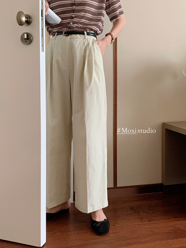 [Moxi] Korean simple and versatile 9-point casual pants (with belt) 56588\xj