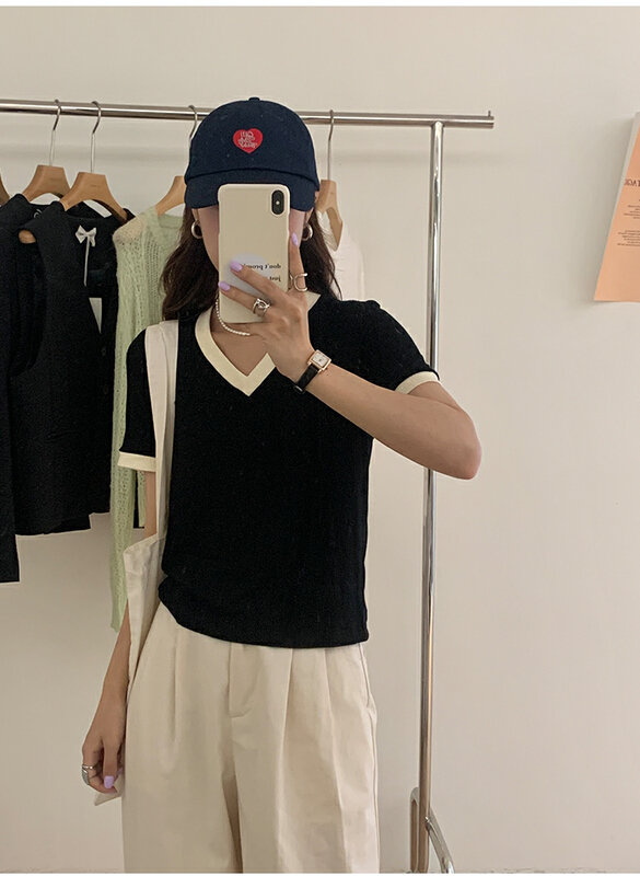 [the mind] ins Korean color contrast versatile short sleeve T-shirt 60381\jhy
