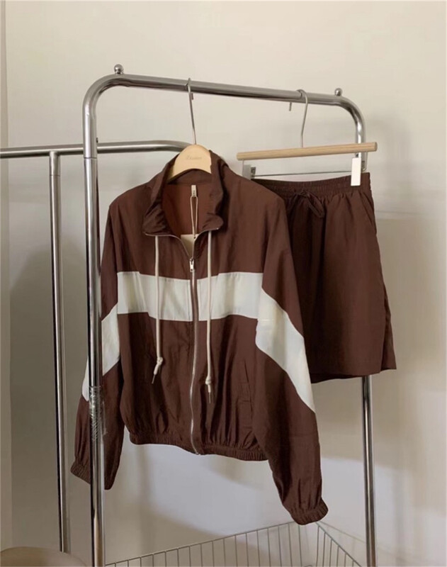 Four colors! [Lina] color blocked loose fashion sunscreen shirt + slim casual Shorts Set 9108\zxx