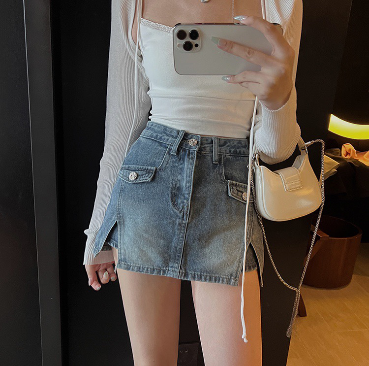 [x · h studio] retro college style design high waist denim skirt 06175\ozq