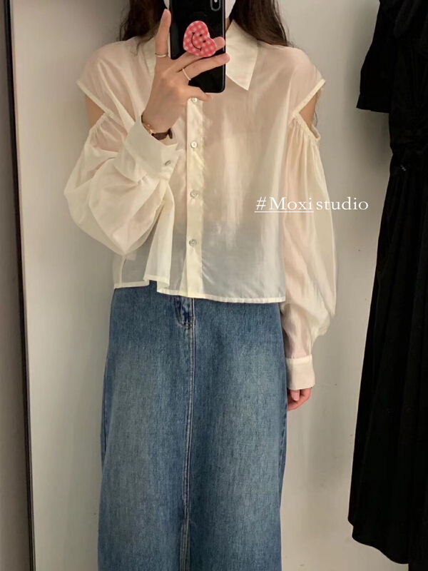 [Moxi] Korean simple casual off shoulder shirt 75964\xj