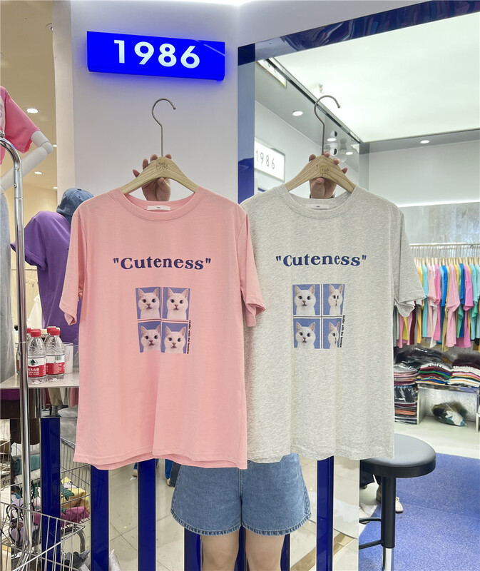 [1986] casual round neck kitten print short sleeve T-shirt f2335\lsl
