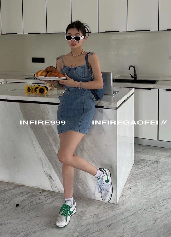 [d.ffstudio] back lace up denim suspender Spice Girl Dress ys1-1262\wtt