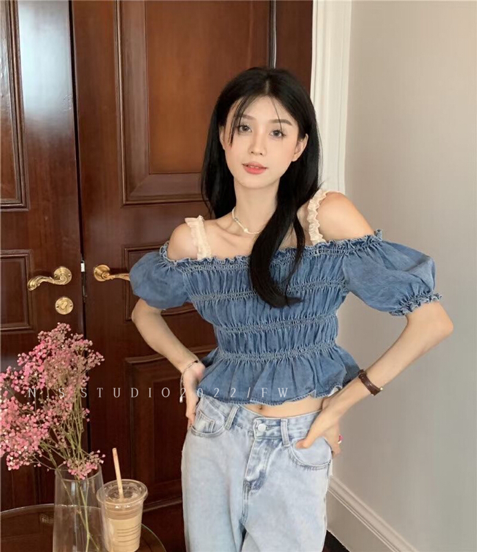 [N.S] Korean style off shoulder strap pleated denim shirt 0219\wpl