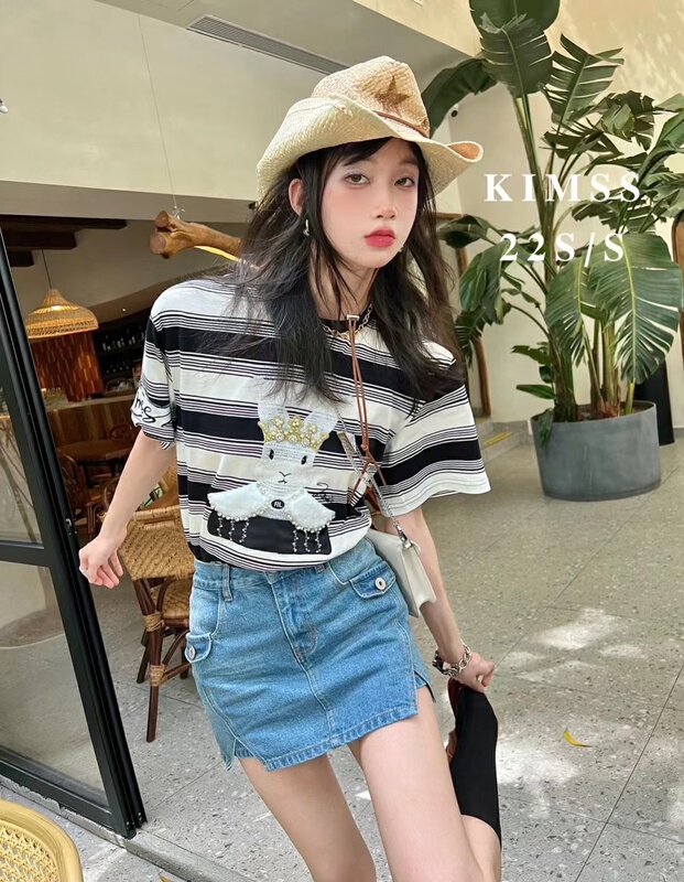 [m.zz] round neck stripe cartoon rabbit short sleeve T-shirt 9271\lsw