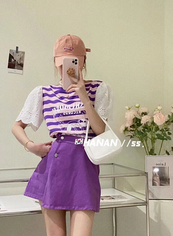 [ya.mei] stripe stitching letter short sleeve T-shirt 5370\ll