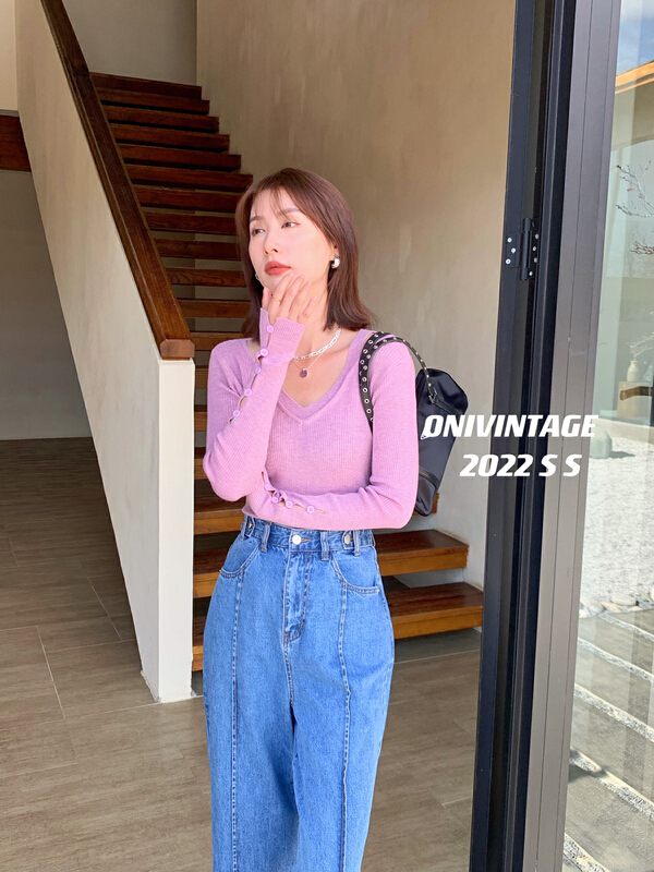 [onivinage Omni] design V-neck slim knit (content 10% Merino wool) ol222n4856\cqw