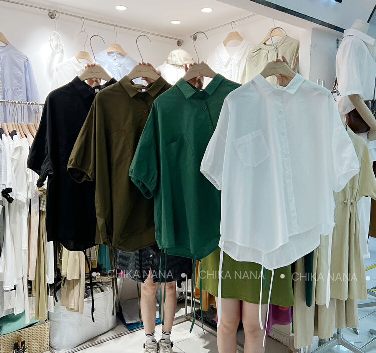 [chika.nana] Japanese simple solid color diagonal breasted shirt with irregular drawcord at hem 6832\jj