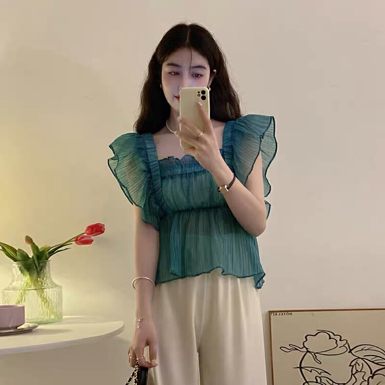 [Dai Dai] Korean chic square neck Ruffle hem French style temperament small shirt with a narrow waist 4924\hbx
