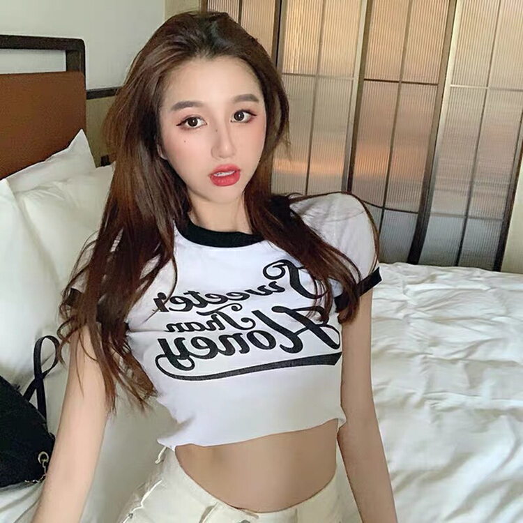 [xinyuanjieyi Xinyuan dressing] hot girl letter printed contrast short navel exposed short sleeve T-shirt 232a\pcz