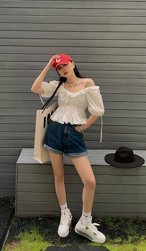 [ID] off shoulder Ruffle waist shirt 9506\lsl
