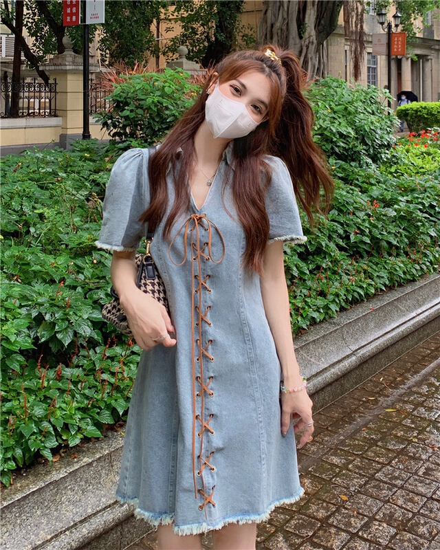 [fan fan] fashion polo collar tie rope bubble sleeve denim dress 0027\jj