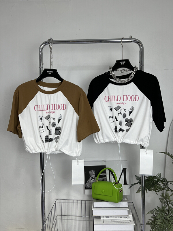 [Fanfan] fashion color matching Hong Kong style retro Casual Short Sleeve T-shirt 261\jj