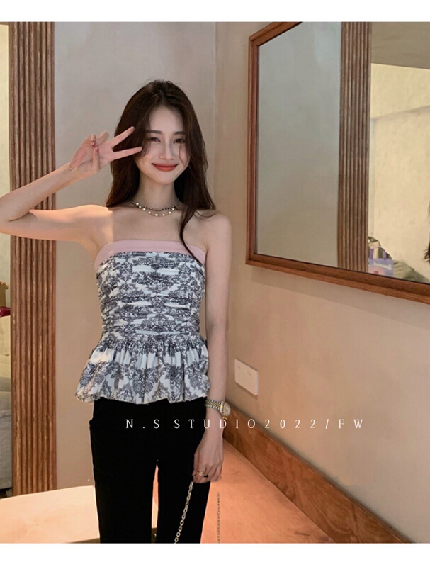 [N.S] Spice Girls' retro pleated print contrast color thin Strapless vest / suspender 2609 "WPL