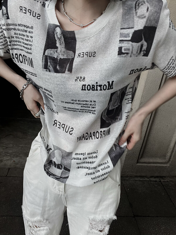 [web sensing] letter knitted pullover short sleeve T-shirt a069\ozq