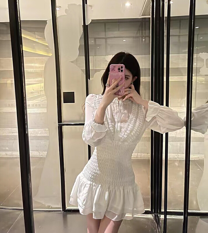 [hee] lace patchwork pleated waist dress h5527\wpl