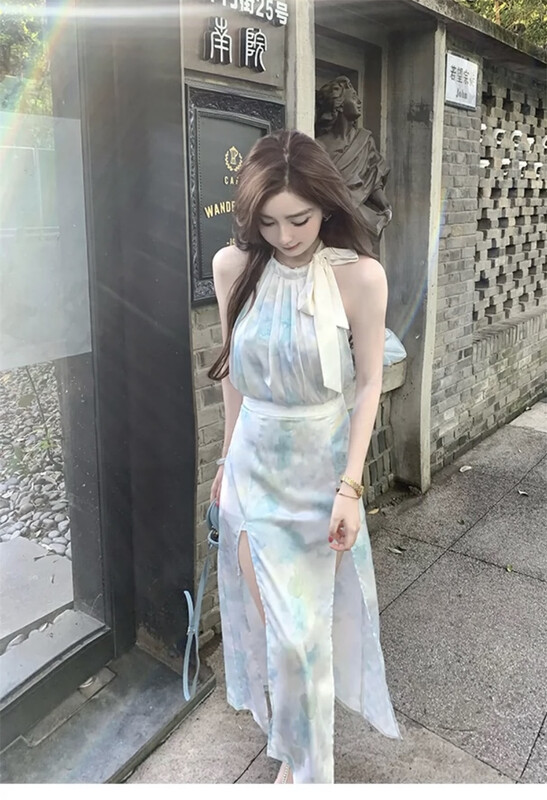 [Linna] simple slim short shirt + Korean slim slit comfortable skirt set 124646\jj