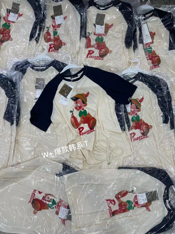 [w+] cartoon raglan sleeve color contrast short sleeve T-shirt 6031\wtt