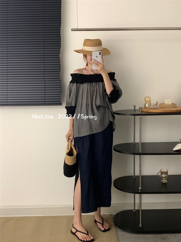 [mint tea] French retro off shoulder shirt 22932\zjy