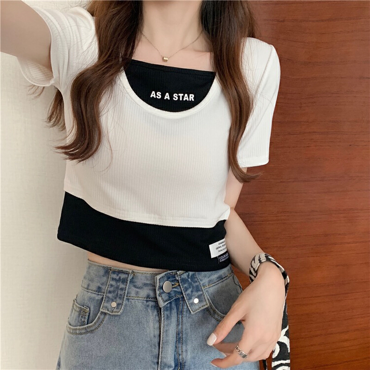 [f · P] Hong Kong style retro contrast color stitched fake two-piece sweater 7647\hbx