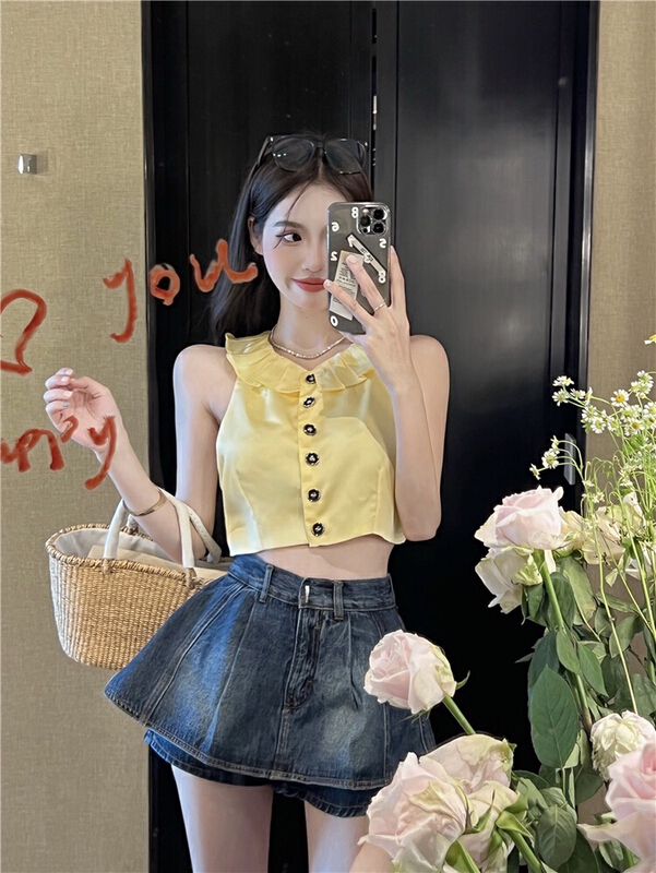 [Doudou family] cowboy Ruffle edge college style high waist umbrella A-line skirt pants 88428\jj