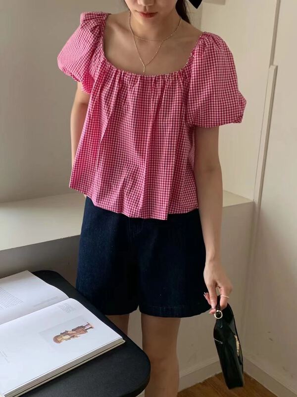 [Duomi] French style Plaid bubble sleeve shirt 8501\zxl