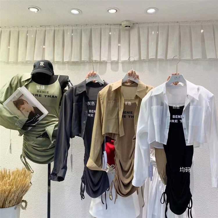 [yiguoyiguo] long sleeve loose sunscreen shirt + suspender letter printed drawstring Dress Set (only selling sets) 3821\pcz
