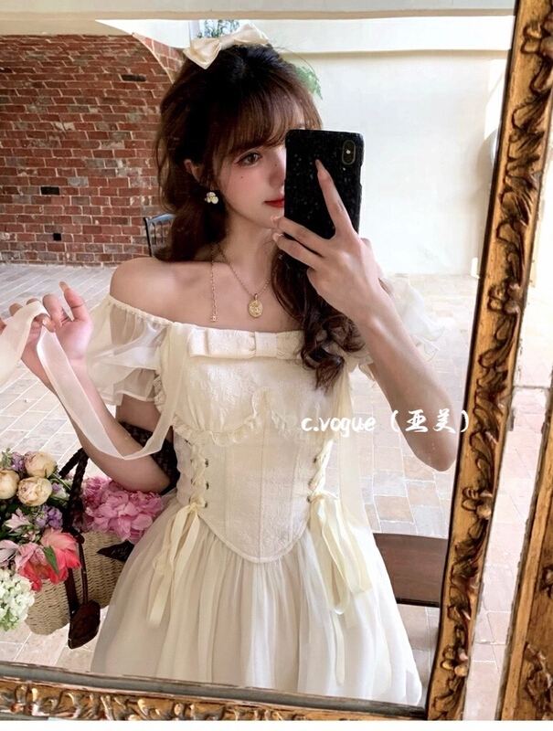 [c.vogue] French soft drop shoulder sleeve bandage waist closing stitching dress (with waist rope) 3972\pcz