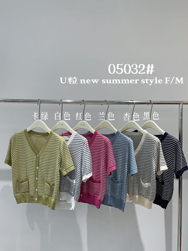 [U grain] V-neck small pocket stripe sweater 05036\hbx