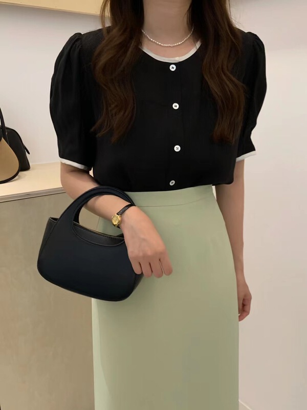 [wanna] simple single breasted Lantern Sleeve versatile shirt 89215\zxl