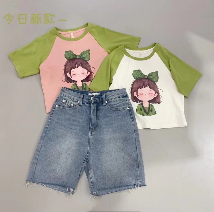 [Muzi family] little girl Raglan printed short sleeve T-shirt 67991\xyy