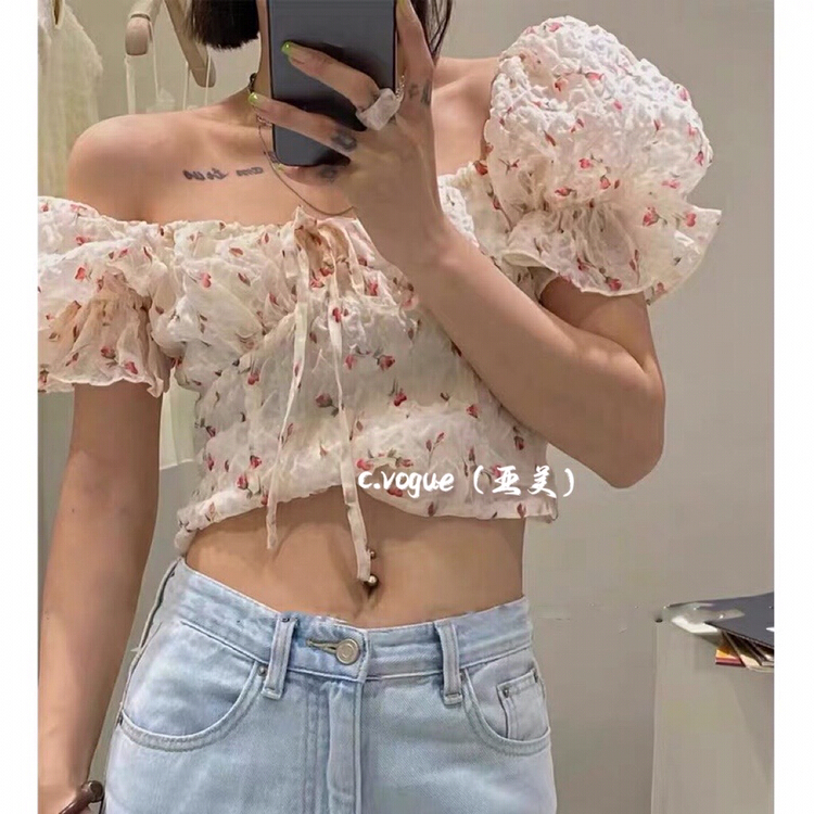 [c.vogue] soft fold bubble sleeve floral shirt 5825\pcz