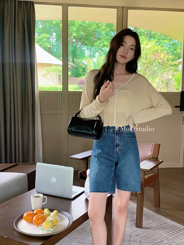 [Moxi] simple color contrast versatile sunscreen shirt 56556\xj